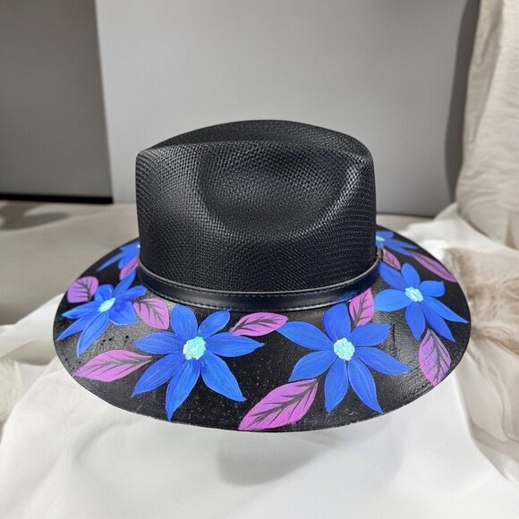 Custom Hand Painted Fedora Hat Black And Blue Painted In Detail Unisex Size M main image 6